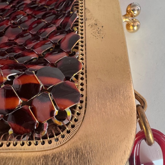 Vtg MCM  Whiting & Davis Tortoise Enamel Mesh Gold Framed Purse Bag Lucid Chain - Picture 15 of 15